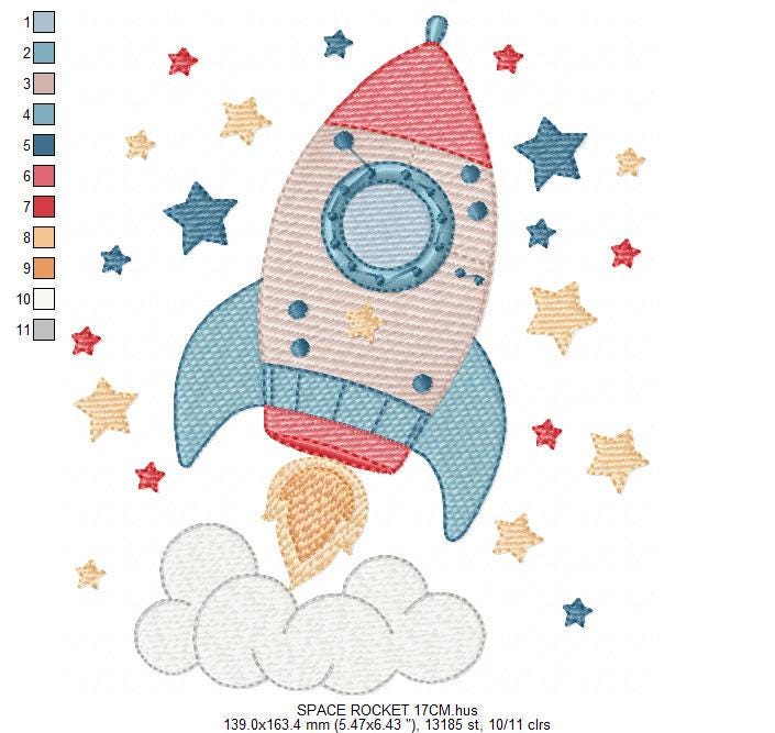 Space Rocket embroidery designs - Rocket with stars machine embroidery pattern - Moon and planet embroidery file - Instant download pes jef