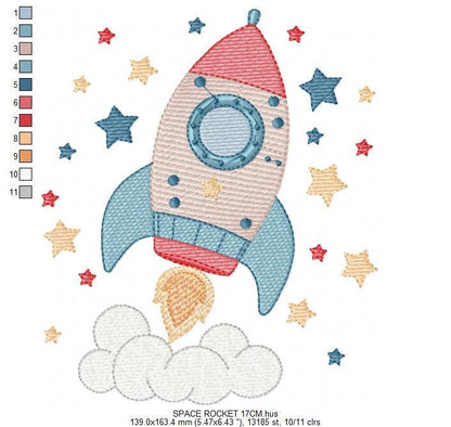 Space Rocket embroidery designs - Rocket with stars machine embroidery pattern - Moon and planet embroidery file - Instant download pes jef
