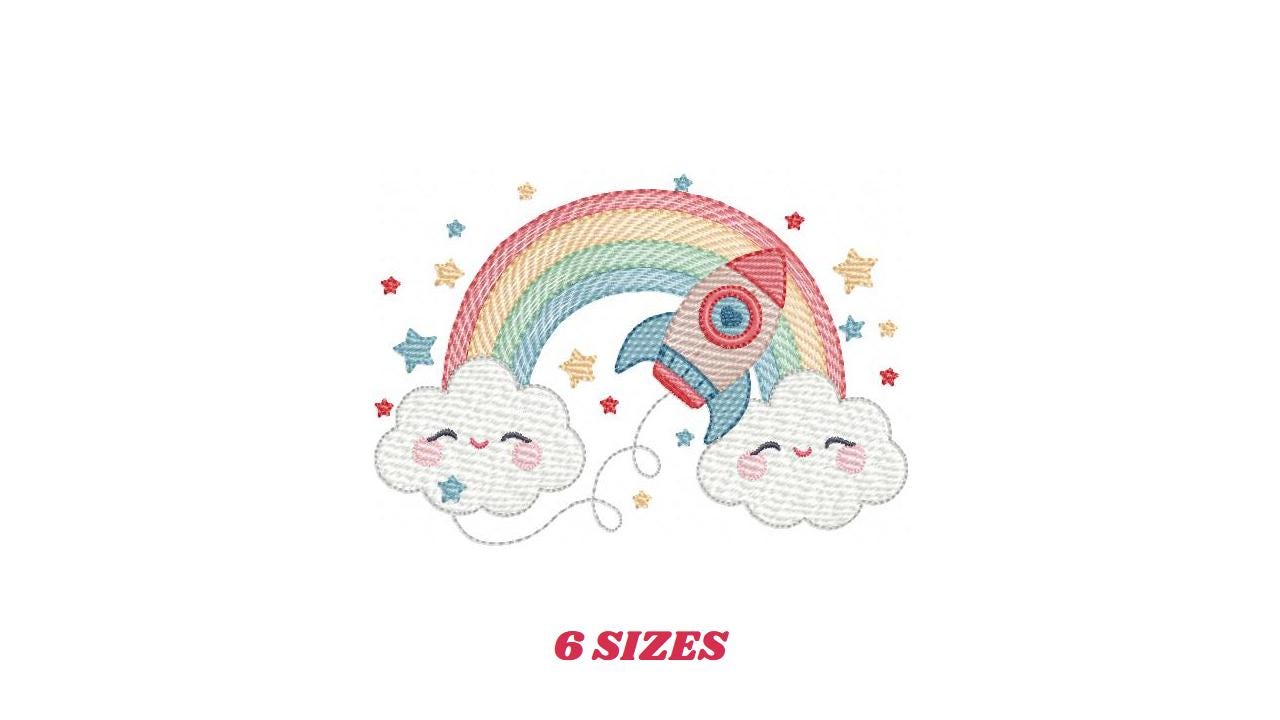 Space Rocket with stars and rainbow embroidery designs - Rocket machine embroidery pattern - Moon and planet file - Instant download pes jef