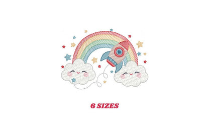 Space Rocket with stars and rainbow embroidery designs - Rocket machine embroidery pattern - Moon and planet file - Instant download pes jef