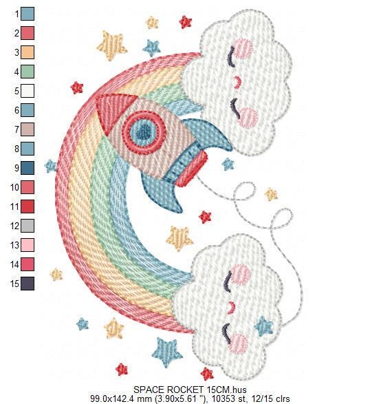 Space Rocket with stars and rainbow embroidery designs - Rocket machine embroidery pattern - Moon and planet file - Instant download pes jef