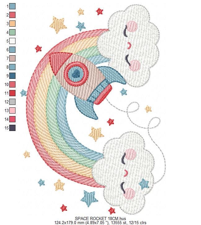 Space Rocket with stars and rainbow embroidery designs - Rocket machine embroidery pattern - Moon and planet file - Instant download pes jef