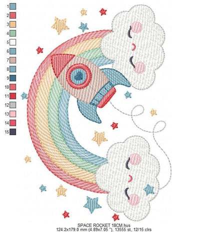 Space Rocket with stars and rainbow embroidery designs - Rocket machine embroidery pattern - Moon and planet file - Instant download pes jef