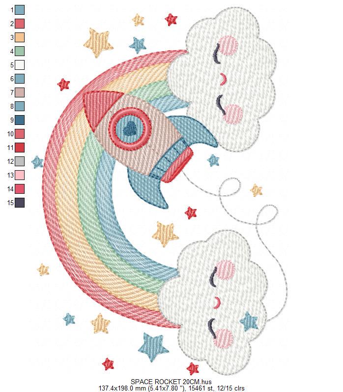Space Rocket with stars and rainbow embroidery designs - Rocket machine embroidery pattern - Moon and planet file - Instant download pes jef