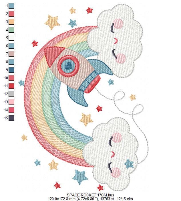 Space Rocket with stars and rainbow embroidery designs - Rocket machine embroidery pattern - Moon and planet file - Instant download pes jef
