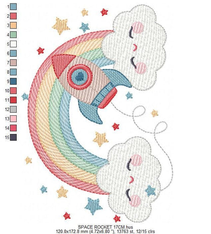 Space Rocket with stars and rainbow embroidery designs - Rocket machine embroidery pattern - Moon and planet file - Instant download pes jef