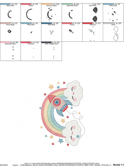 Space Rocket with stars and rainbow embroidery designs - Rocket machine embroidery pattern - Moon and planet file - Instant download pes jef