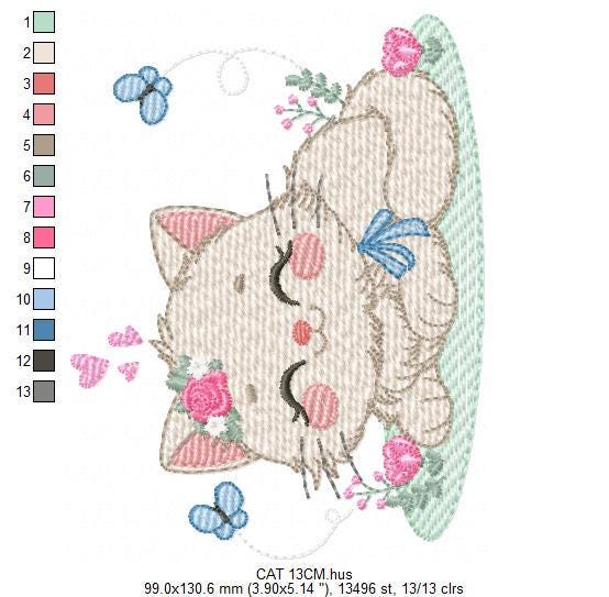 Sleeping Cat with flowers embroidery design - Kitty with butterflies machine embroidery pattern - Pet Baby girl file - Instant download pes