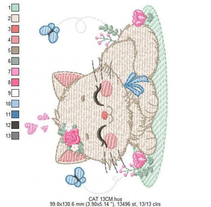Sleeping Cat with flowers embroidery design - Kitty with butterflies machine embroidery pattern - Pet Baby girl file - Instant download pes