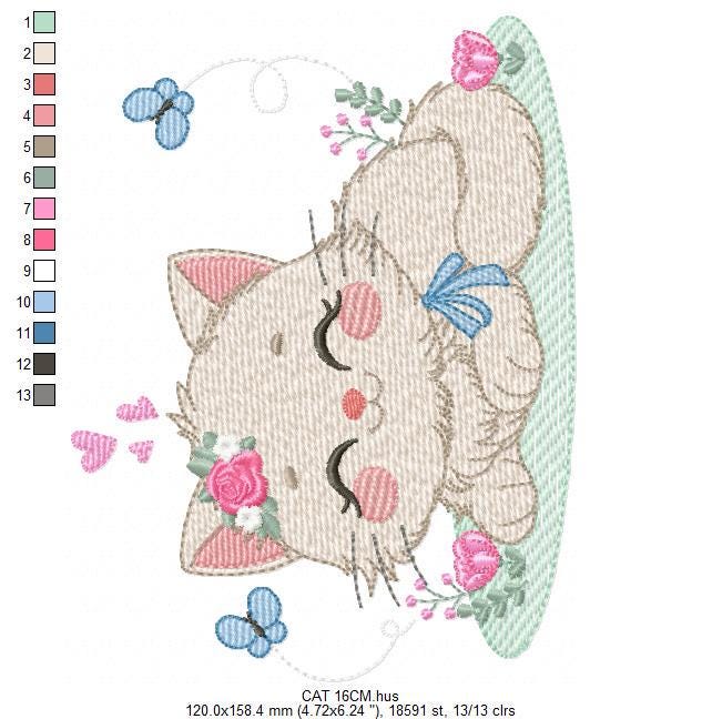 Sleeping Cat with flowers embroidery design - Kitty with butterflies machine embroidery pattern - Pet Baby girl file - Instant download pes