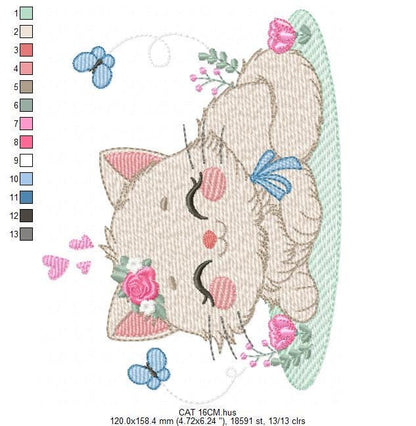 Sleeping Cat with flowers embroidery design - Kitty with butterflies machine embroidery pattern - Pet Baby girl file - Instant download pes