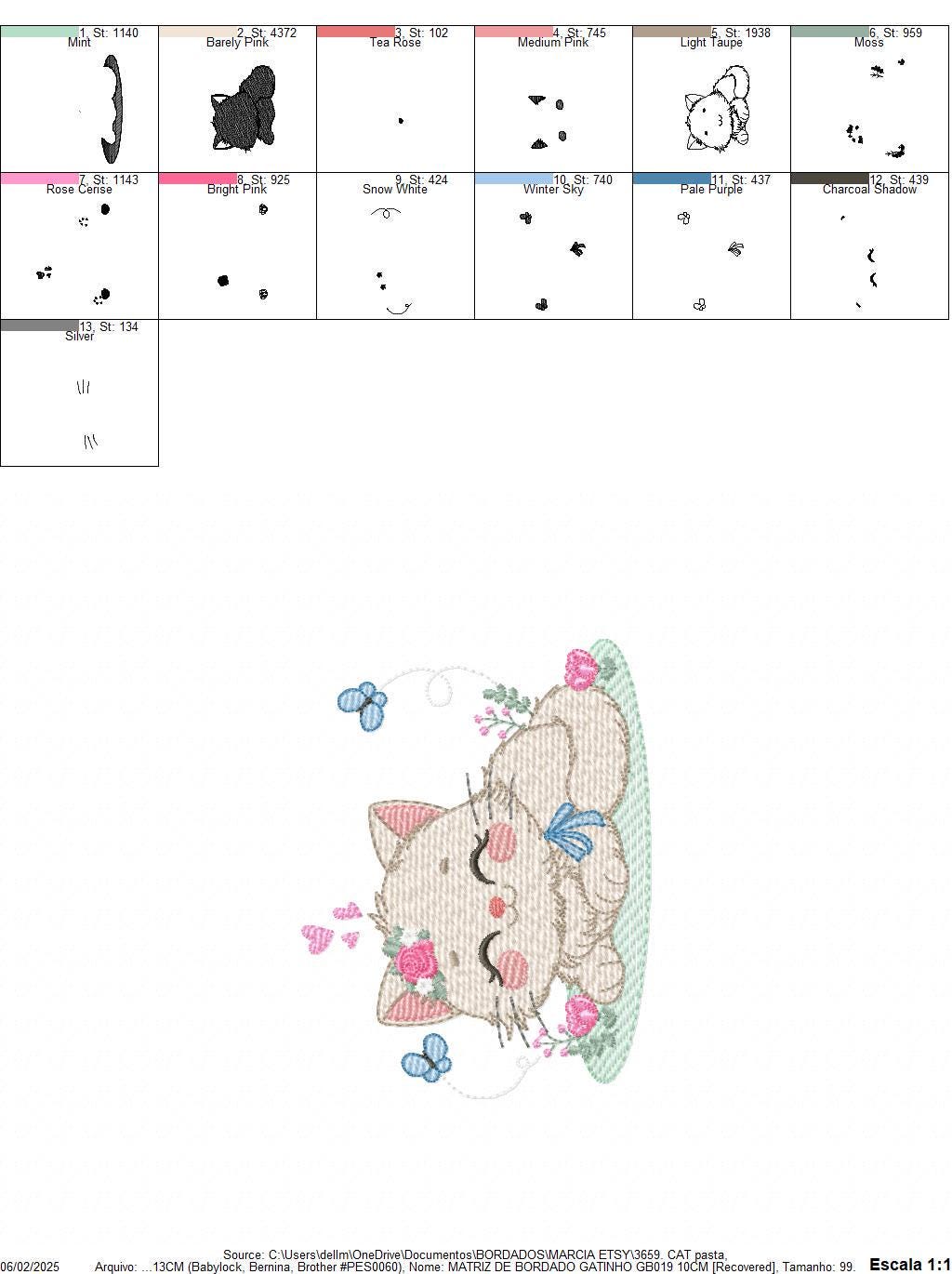 Sleeping Cat with flowers embroidery design - Kitty with butterflies machine embroidery pattern - Pet Baby girl file - Instant download pes