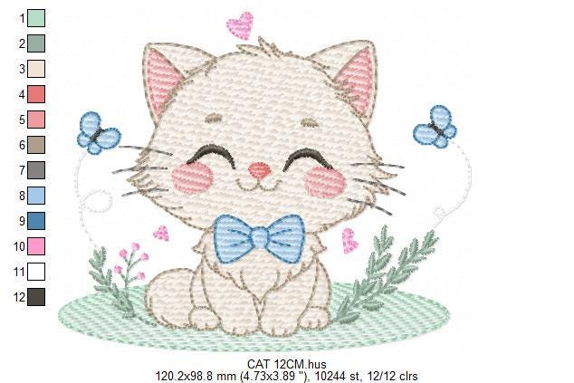 Cat with bow tie embroidery design - Male Kitty with butterflies machine embroidery pattern - Baby boy file - Instant download pes jef dst