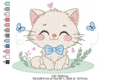 Cat with bow tie embroidery design - Male Kitty with butterflies machine embroidery pattern - Baby boy file - Instant download pes jef dst