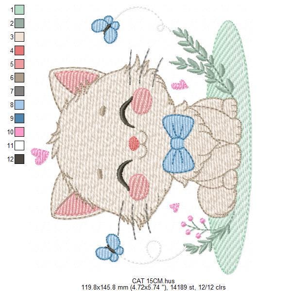 Cat with bow tie embroidery design - Male Kitty with butterflies machine embroidery pattern - Baby boy file - Instant download pes jef dst
