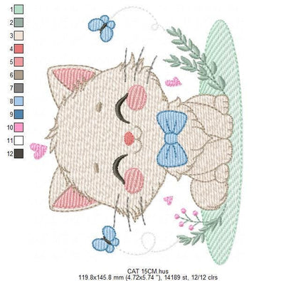 Cat with bow tie embroidery design - Male Kitty with butterflies machine embroidery pattern - Baby boy file - Instant download pes jef dst