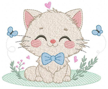 Cat with bow tie embroidery design - Male Kitty with butterflies machine embroidery pattern - Baby boy file - Instant download pes jef dst