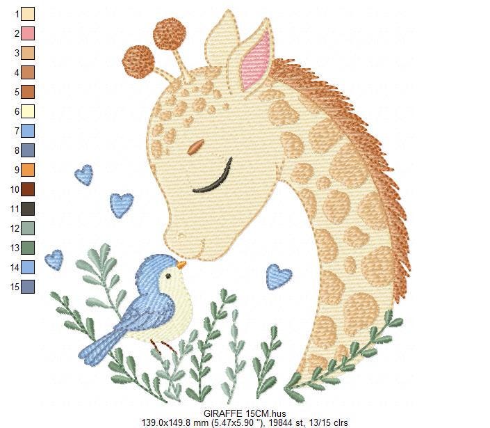 Giraffe embroidery design - Safari wild Animal machine embroidery pattern - Baby boy file - Giraffe with bird and hearts - Instant download