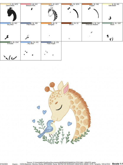 Giraffe embroidery design - Safari wild Animal machine embroidery pattern - Baby boy file - Giraffe with bird and hearts - Instant download