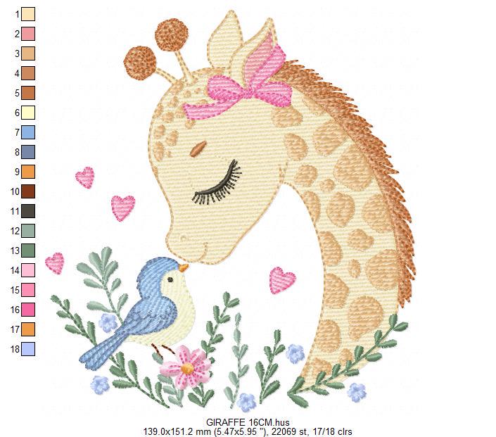 Giraffe embroidery design - Safari wild Animal machine embroidery pattern - Baby girl file - Giraffe with bird and hearts - Instant download