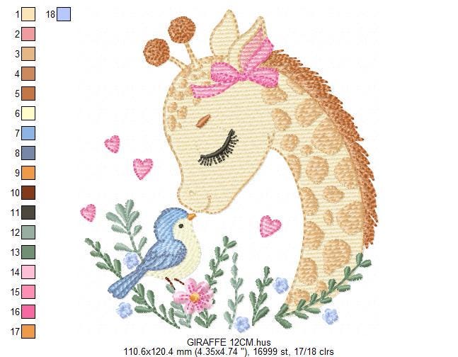 Giraffe embroidery design - Safari wild Animal machine embroidery pattern - Baby girl file - Giraffe with bird and hearts - Instant download