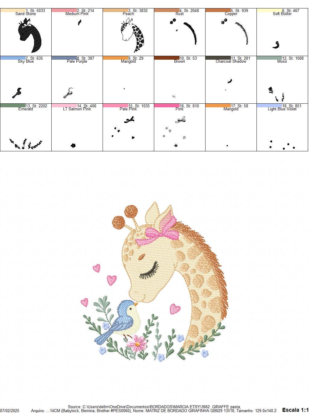 Giraffe embroidery design - Safari wild Animal machine embroidery pattern - Baby girl file - Giraffe with bird and hearts - Instant download