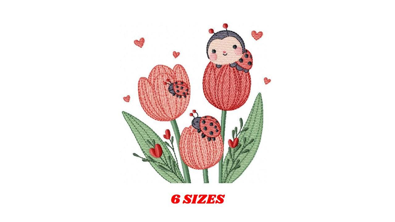 Flowers embroidery designs - Tulips with ladybuy machine embroidery pattern - Red Roses file - Kitchen Grandma Towel - Instant download pes