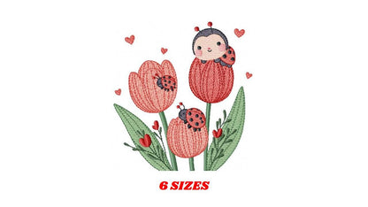 Flowers embroidery designs - Tulips with ladybuy machine embroidery pattern - Red Roses file - Kitchen Grandma Towel - Instant download pes