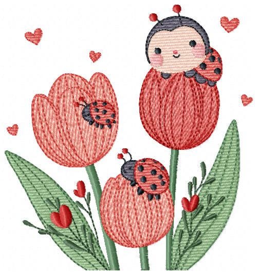 Flowers embroidery designs - Tulips with ladybuy machine embroidery pattern - Red Roses file - Kitchen Grandma Towel - Instant download pes