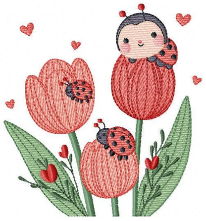 Flowers embroidery designs - Tulips with ladybuy machine embroidery pattern - Red Roses file - Kitchen Grandma Towel - Instant download pes