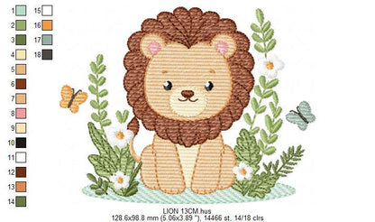 Lion embroidery designs - Safari wild animal machine embroidery pattern - Baby boy file - Flowers, Plants, Butterfly - Instant download pes