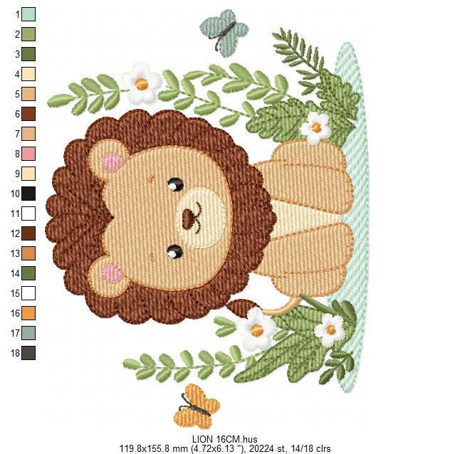 Lion embroidery designs - Safari wild animal machine embroidery pattern - Baby boy file - Flowers, Plants, Butterfly - Instant download pes
