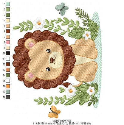 Lion embroidery designs - Safari wild animal machine embroidery pattern - Baby boy file - Flowers, Plants, Butterfly - Instant download pes