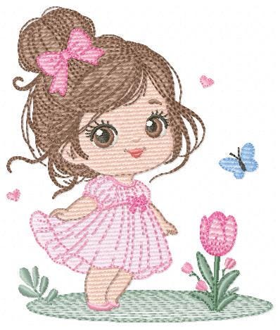 Baby girl embroidery designs - Girl with long hair bun machine embroidery pattern - Princess with flowers file - Instant download pes jef