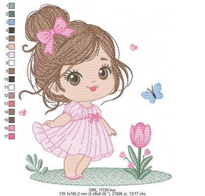 Baby girl embroidery designs - Girl with long hair bun machine embroidery pattern - Princess with flowers file - Instant download pes jef