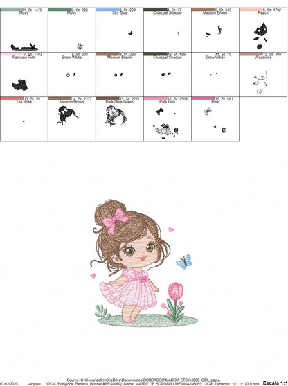 Baby girl embroidery designs - Girl with long hair bun machine embroidery pattern - Princess with flowers file - Instant download pes jef