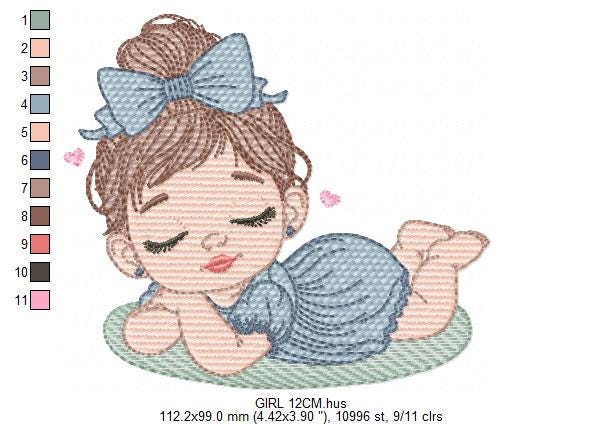 Sleeping Baby girl embroidery designs - Laying Child with long hair machine embroidery pattern - Princess embroidery file - Instant download