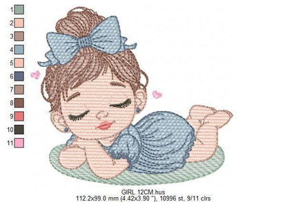 Sleeping Baby girl embroidery designs - Laying Child with long hair machine embroidery pattern - Princess embroidery file - Instant download
