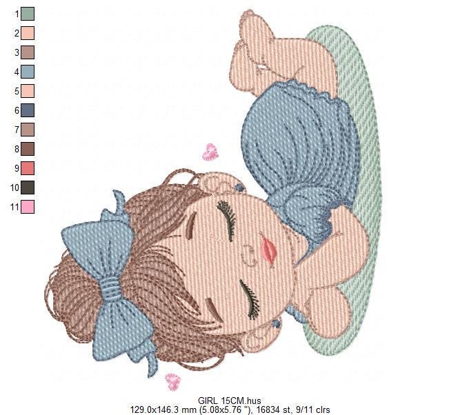 Sleeping Baby girl embroidery designs - Laying Child with long hair machine embroidery pattern - Princess embroidery file - Instant download