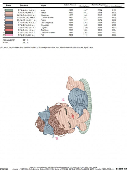 Sleeping Baby girl embroidery designs - Laying Child with long hair machine embroidery pattern - Princess embroidery file - Instant download