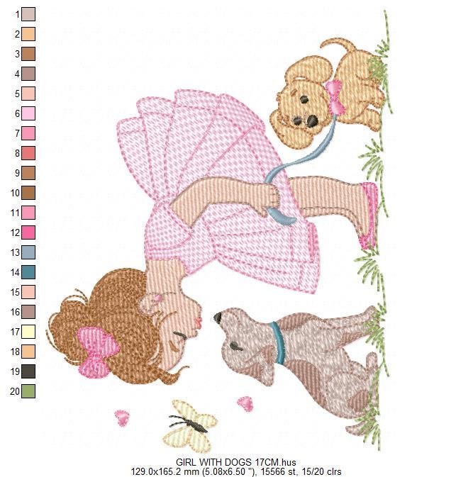 Baby Girl with dogs embroidery designs - Dogwalker machine embroidery pattern - Girl with puppies file - Instant digital download pes jef