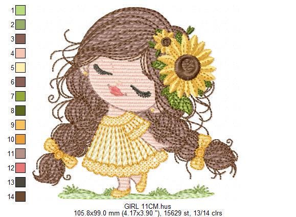 Baby Girl with long hair embroidery designs - Young girl machine embroidery pattern - Girl with yellow dress and flower - Instant download