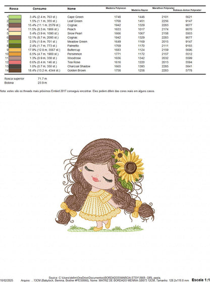 Baby Girl with long hair embroidery designs - Young girl machine embroidery pattern - Girl with yellow dress and flower - Instant download