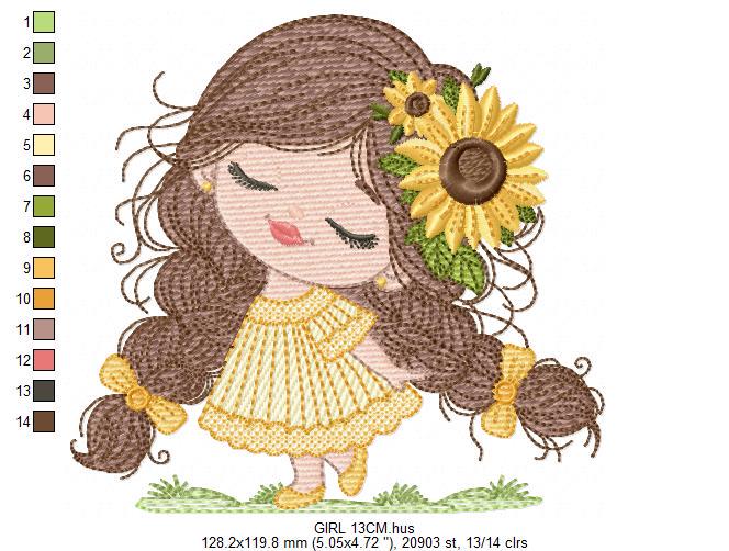 Baby Girl with long hair embroidery designs - Young girl machine embroidery pattern - Girl with yellow dress and flower - Instant download