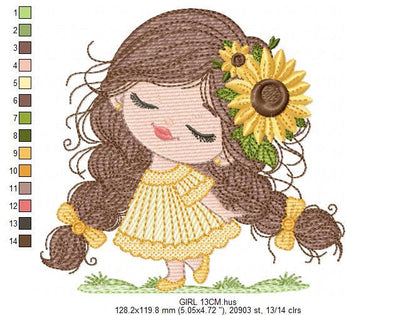 Baby Girl with long hair embroidery designs - Young girl machine embroidery pattern - Girl with yellow dress and flower - Instant download