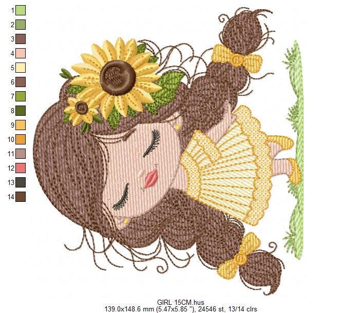 Baby Girl with long hair embroidery designs - Young girl machine embroidery pattern - Girl with yellow dress and flower - Instant download