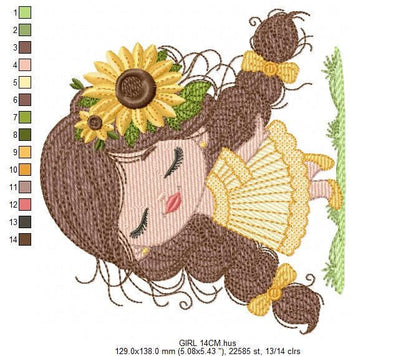 Baby Girl with long hair embroidery designs - Young girl machine embroidery pattern - Girl with yellow dress and flower - Instant download