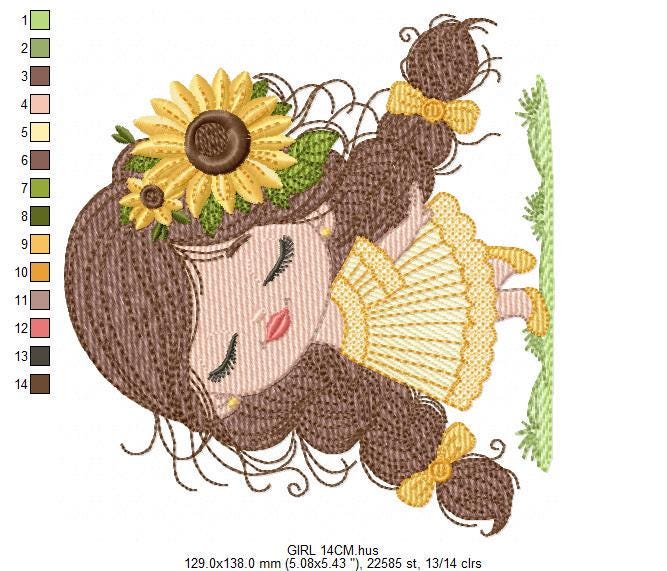 Baby Girl with long hair embroidery designs - Young girl machine embroidery pattern - Girl with yellow dress and flower - Instant download