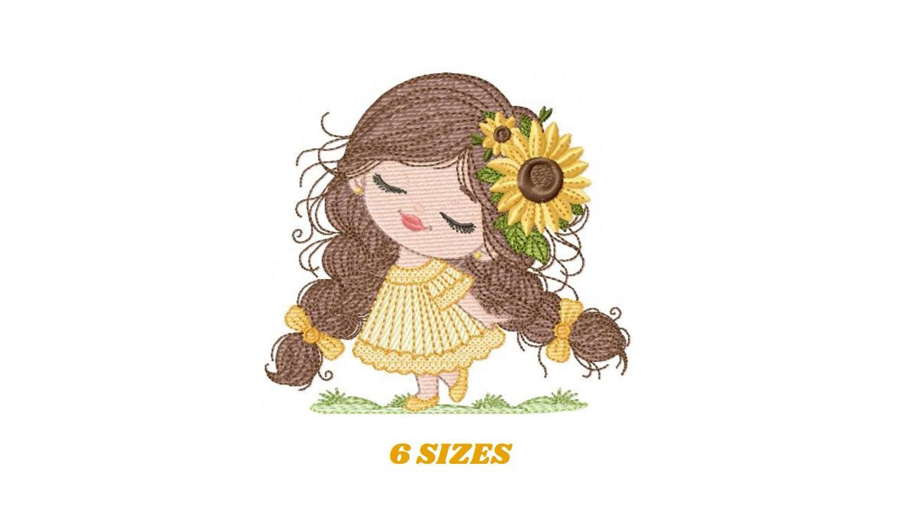Baby Girl with long hair embroidery designs - Young girl machine embroidery pattern - Girl with yellow dress and flower - Instant download
