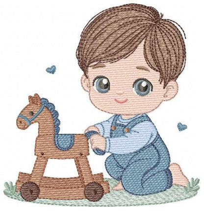 Baby Boy with toy horse embroidery designs - Toddler playing machine embroidery pattern - Boy with overalls - Instant digital download pes